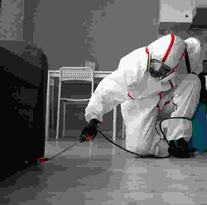 Technician in protective gear sanitizing a residential space with a spray nozzle, showcasing the spray sanitizer service by Extra Electrical for cleanliness and safety.