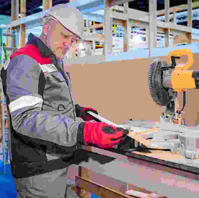 Man in safety gear using a miter saw for carpentry work in a construction environment, showcasing woodworking skills and precision.