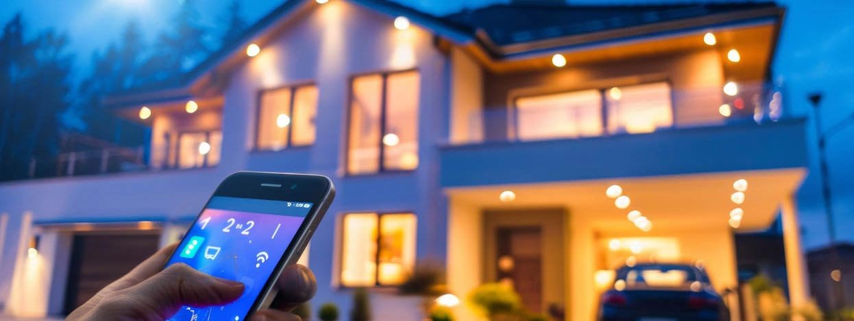 Person holding smartphone near a well-lit modern home, illustrating motion sensor lighting installation for enhanced security and visibility.